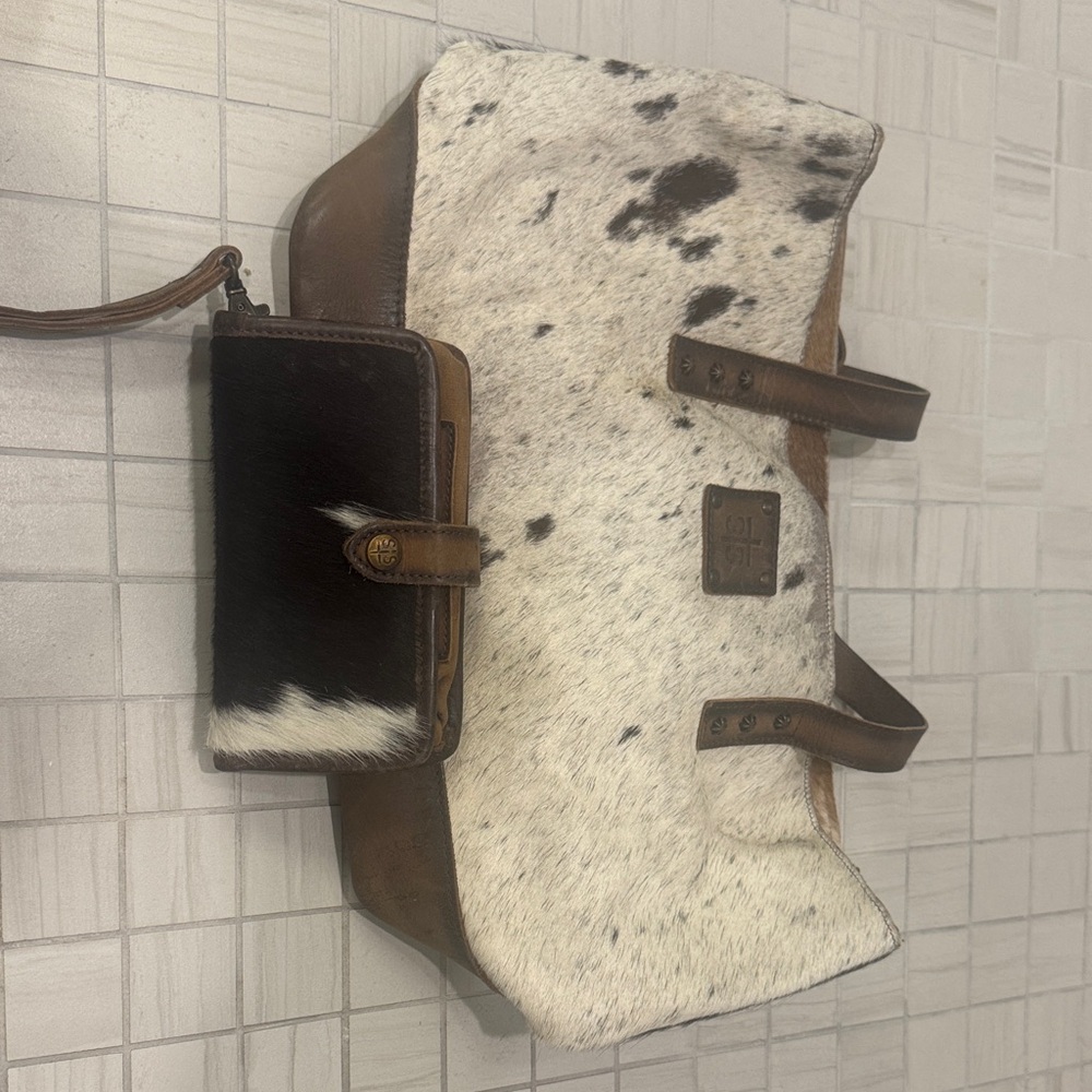 STS Ranchwear Cowhide Leather Shoulder Bag - Brown and White w/ Matching Wallet